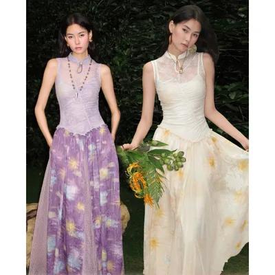 OfAkiva "Wander" Chinese-style Printed Dress for Women, Qipao Collar, Stretch Lace Paneled Two-Piece Long Dress