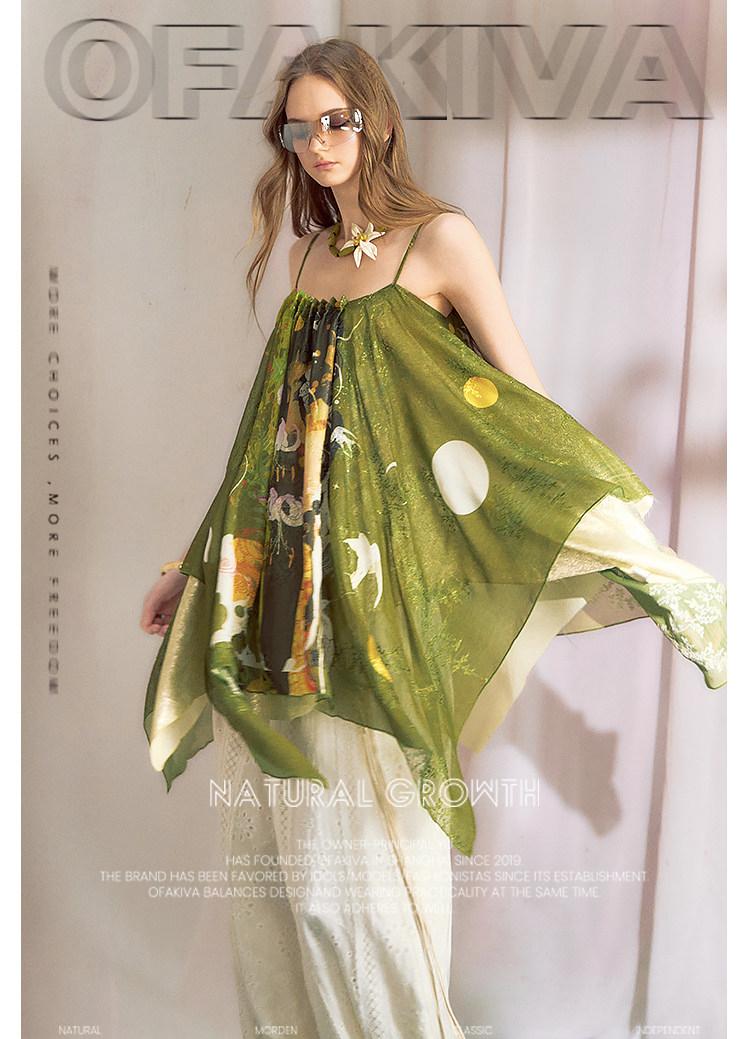 「OfAkiva」Original Hand-Painted / Beaded Chiffon Camisole / Vacation Style