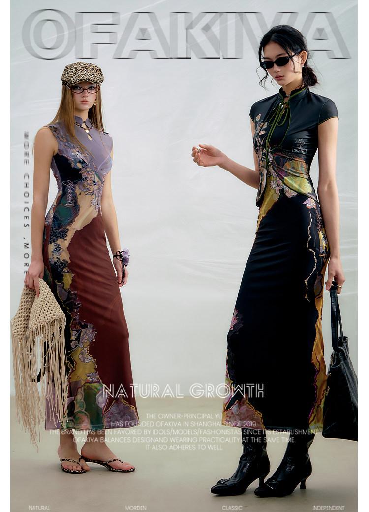 「OfAkiva」New Chinese-style / Reversible Front and Back / Contrast Print Cheongsam Dress