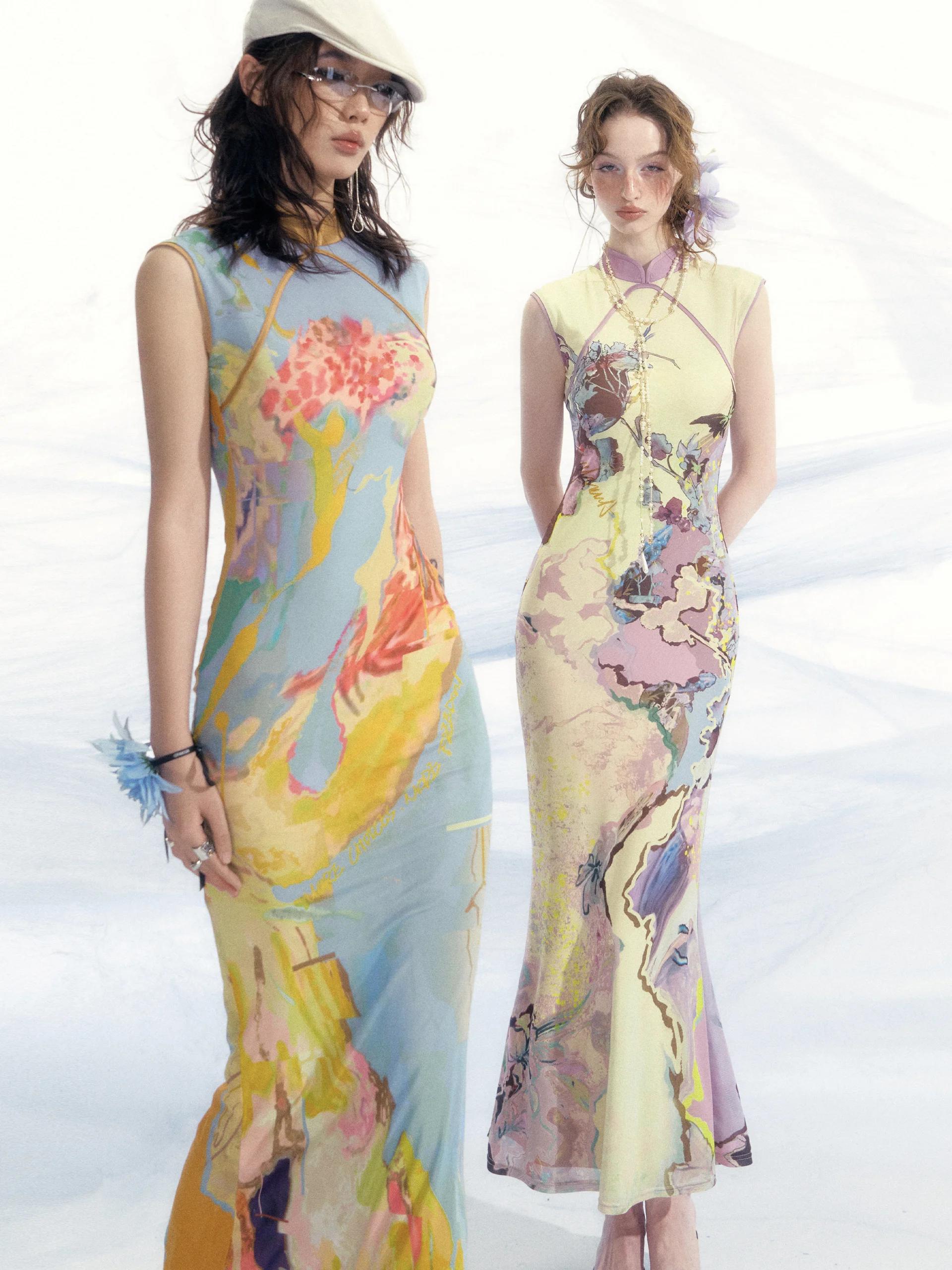 「OfAkiva」"Romantic" New Chinese Style / Printed Cheongsam Dress / Women's Sleeveless Long Dress