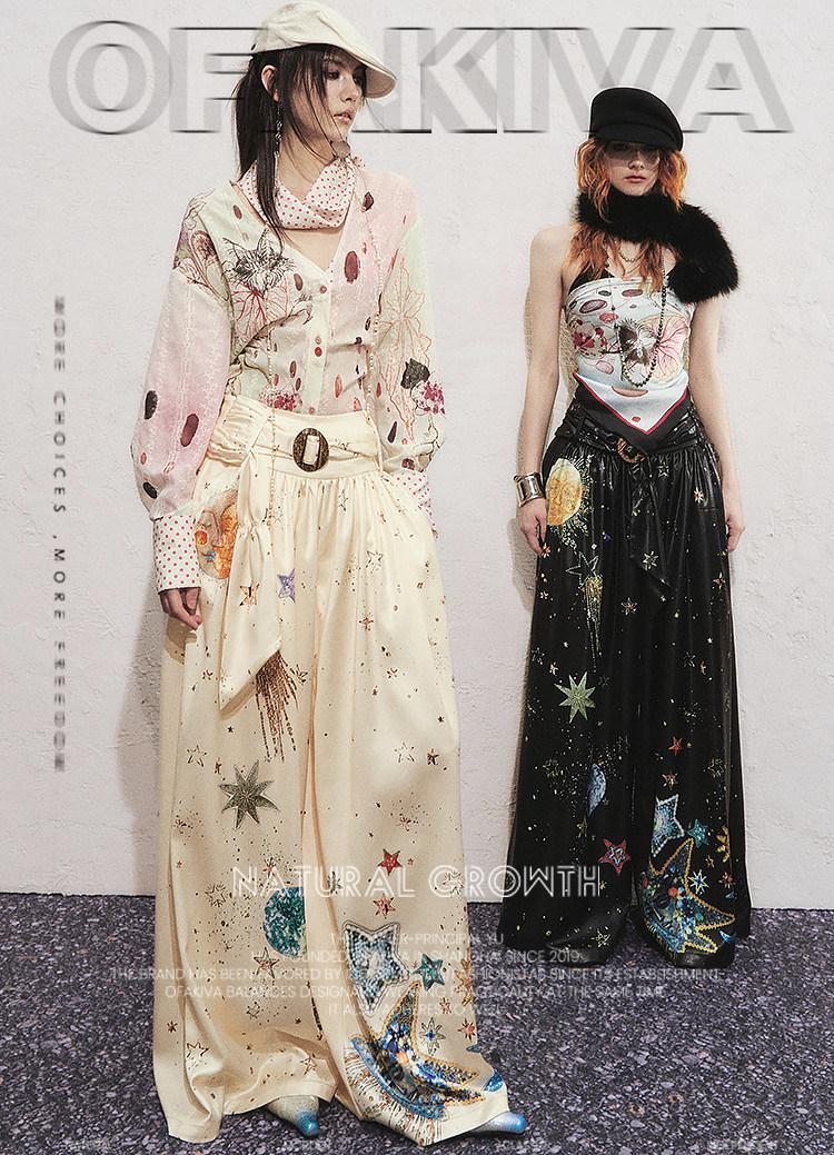 「OfAkiva」Starry Sky Relaxed Fit / Pleated Wide-leg / Printed Casual Pants
