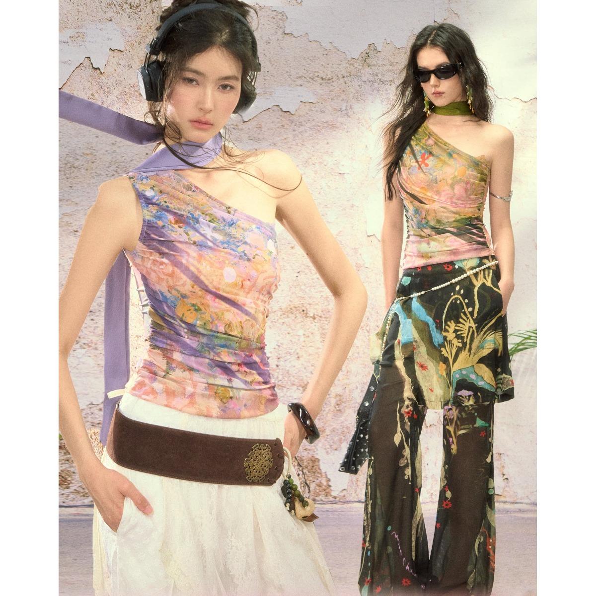 「OfAkiva」New Chinese Style / Oil-Painting Wash / One-Shoulder Mesh / Sleeveless Top with Hot Girl Vibes