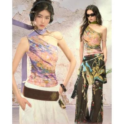 「OfAkiva」New Chinese Style / Oil-Painting Wash / One-Shoulder Mesh / Sleeveless Top with Hot Girl Vibes